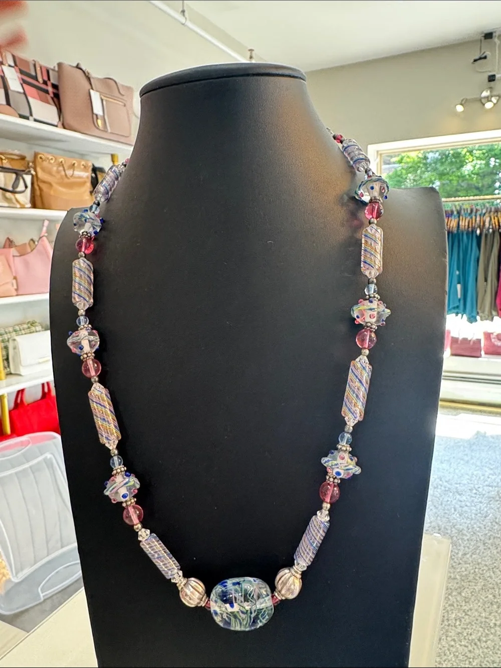 Sterling silver Handmade Pink and Blue Glass Bead Necklace - Artisan - Picture 3 of 3
